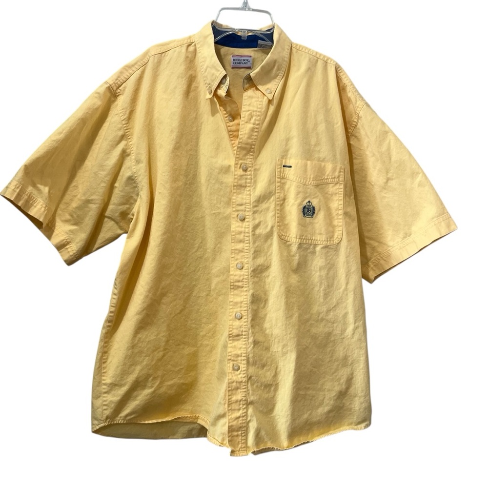 Vintage‎ Bugle Boy Shirt Mens Size  XL Yellow Crest Short Sleeve Button Up Shirt